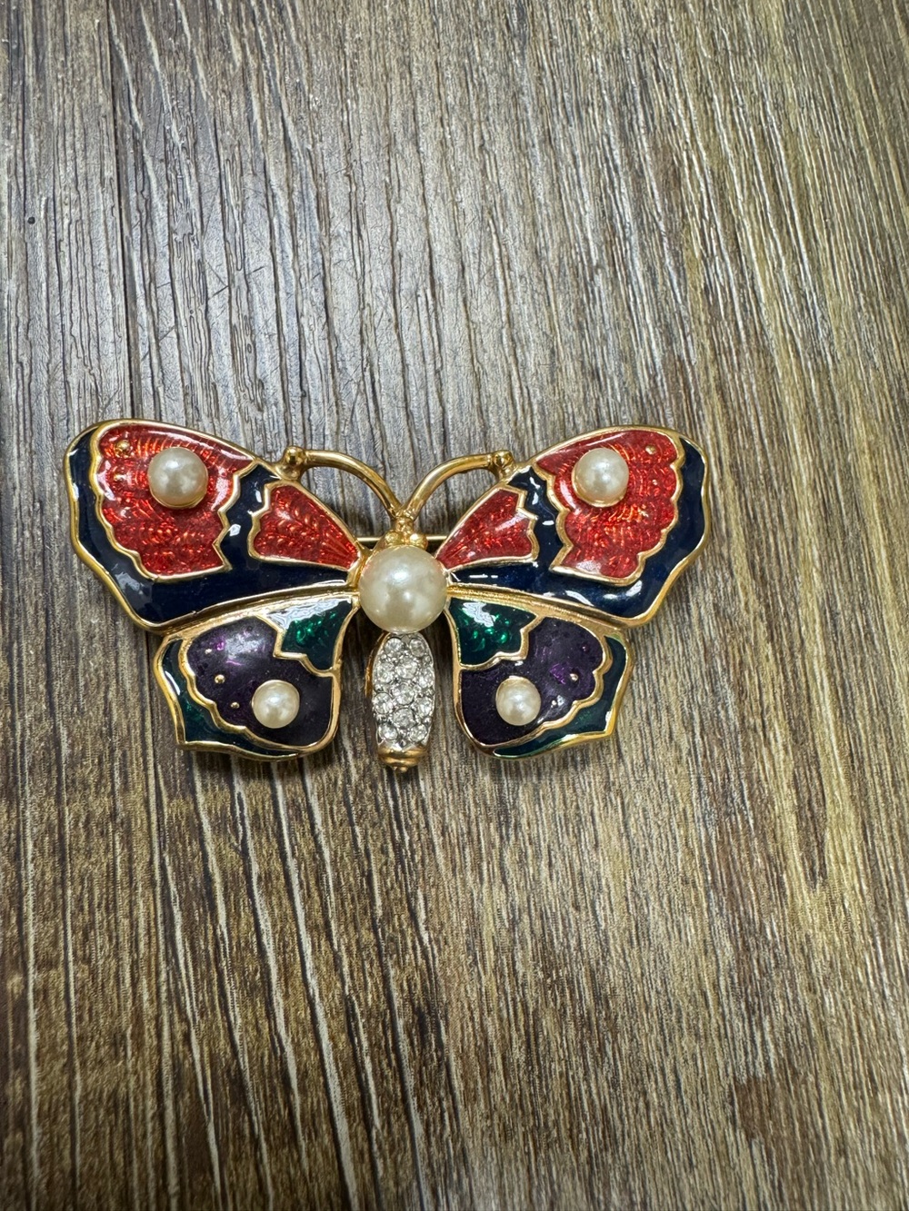 Gold-Tone Multicolor Enamel Butterfly Brooch with Pearls